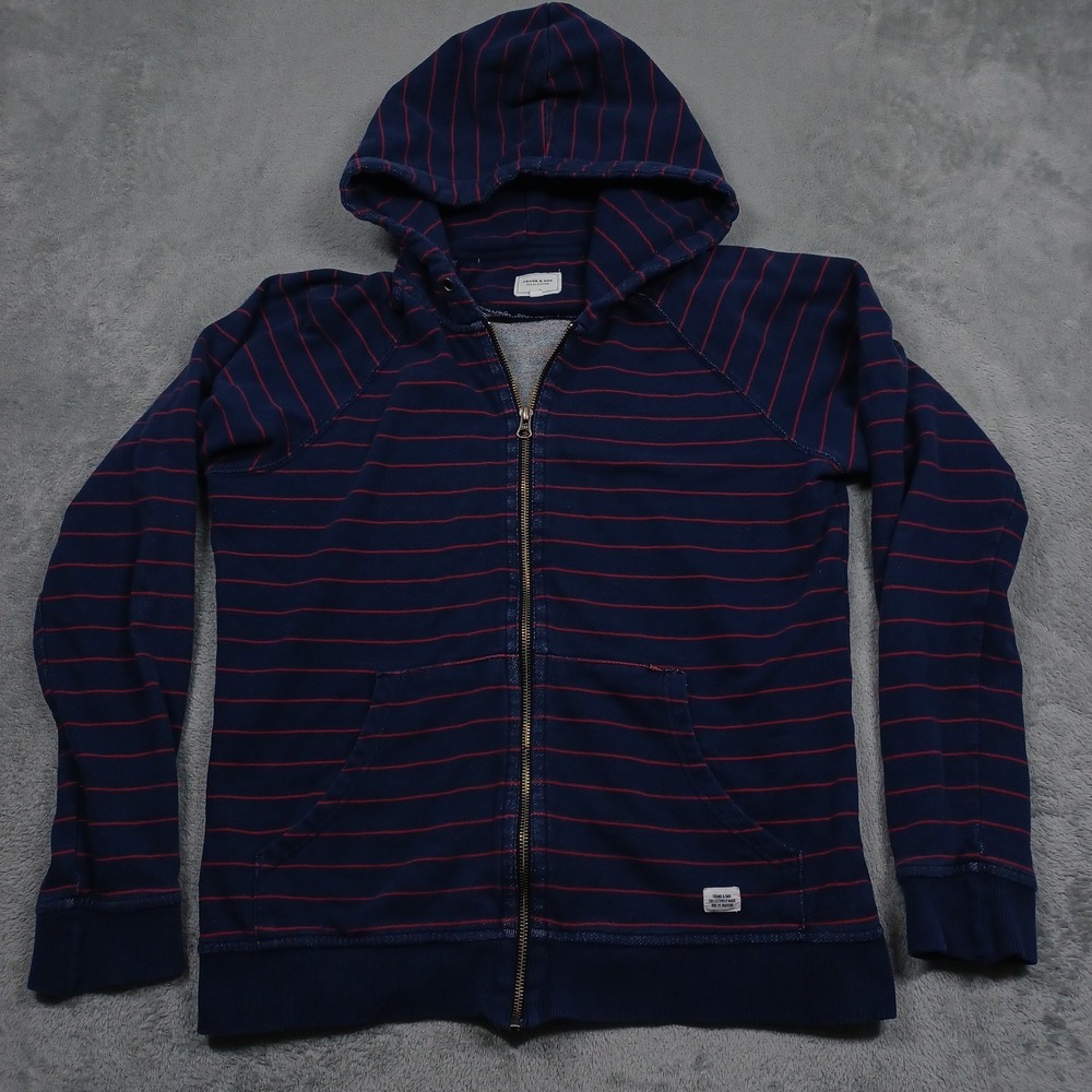 Frank Oak Jacket Mens Medium Blue Striped Full ZIp Hooded Long Sleeve Preppy
